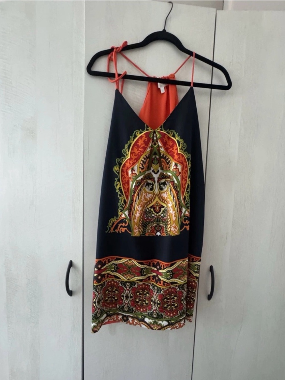 Navy & Orange, Silk Like, Mini, Tie Dress with Gold, Green & White Design